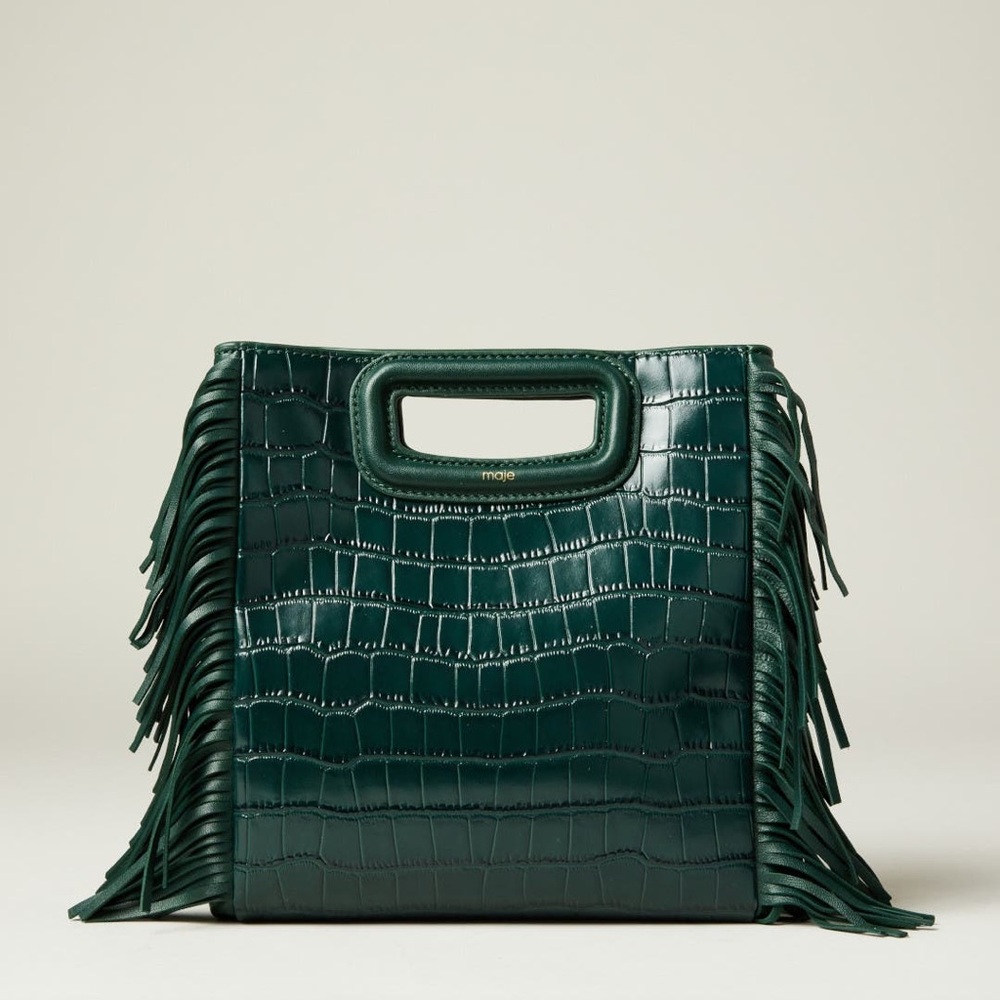 Maje Green Croc-Embossed Fringe Bag